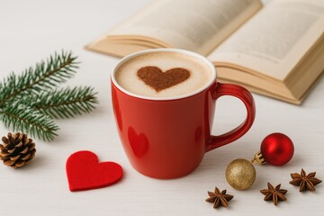 Warm beverage in a red cup surrounded by festive holiday decorations