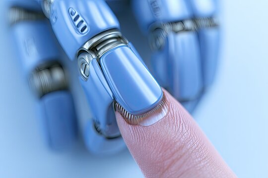 Close-up of a light-blue robotic arm's hand,  with a human finger.  The robotic fingers appear to be  touching a human finger