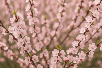 Vibrant pink blossoms on blooming trees during spring season. Artistic floral background featuring branches with pink flowers, suitable for wallpaper. Apricot-tree floral display.