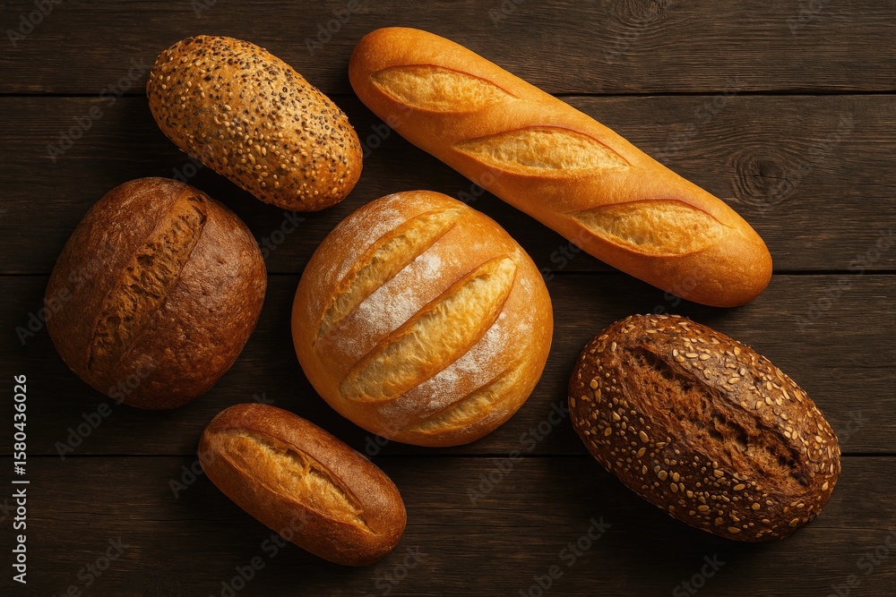 Poster assorted types of fresh bread displayed on a rustic wooden surface