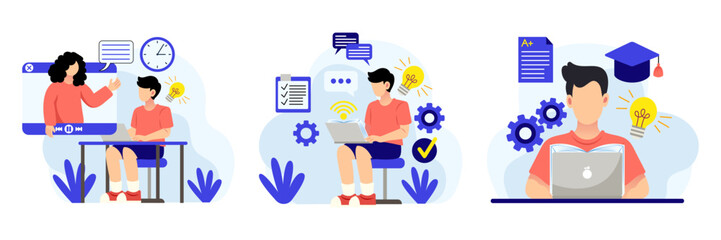 Online learning, students studying via laptop and video tutorials, digital education, virtual classroom, and e-learning technology vector flat illustration concept
