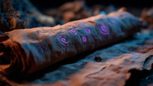 Ancient scroll displaying pulsing symbols with flowing ambient light in slow motion