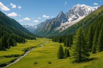Fototapeta premium Breathtaking panorama of a vast valley nestled within the majestic mountain range in the European Alps
