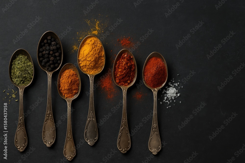 Poster assorted spices displayed in antique spoons against a dark backdrop with empty space for text