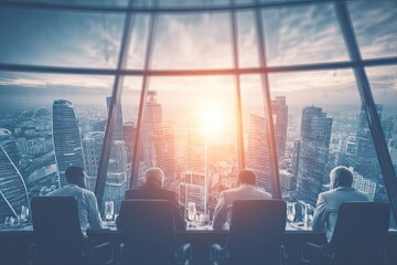 Business meeting with city view.  Silhouetted figures in suits at a table, overlooking a sprawling cityscape at sunset