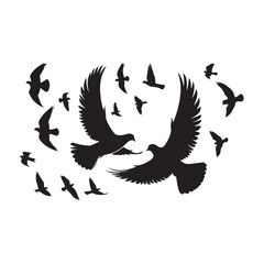 Silhouettes of birds in flight against a white background