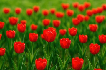 Fototapeta premium Bright red tulips blooming in a charming garden during spring season