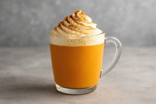 Warm spiced pumpkin latte against a neutral gray backdrop with luminous accents