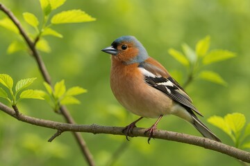 Springtime scene featuring a small bird perched on a branch