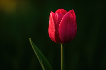 Deep green backdrop showcasing a raspberry tulip