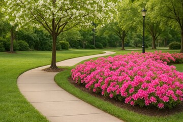 Obraz premium The pavement curves past a cluster of blossoms and a tree