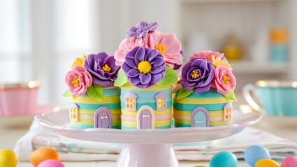 Easter cupcakes decorated with fondant flowers and pastel colors for spring dessert