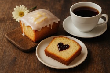 Lemon-glazed sponge cake paired with blackberry jam and black tea