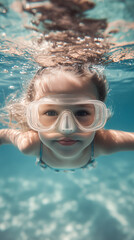 Fototapeta premium Toddler girl swimming underwater with goggles