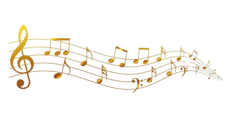 Elegant golden music notes on stave isolated PNG with Transparent Background