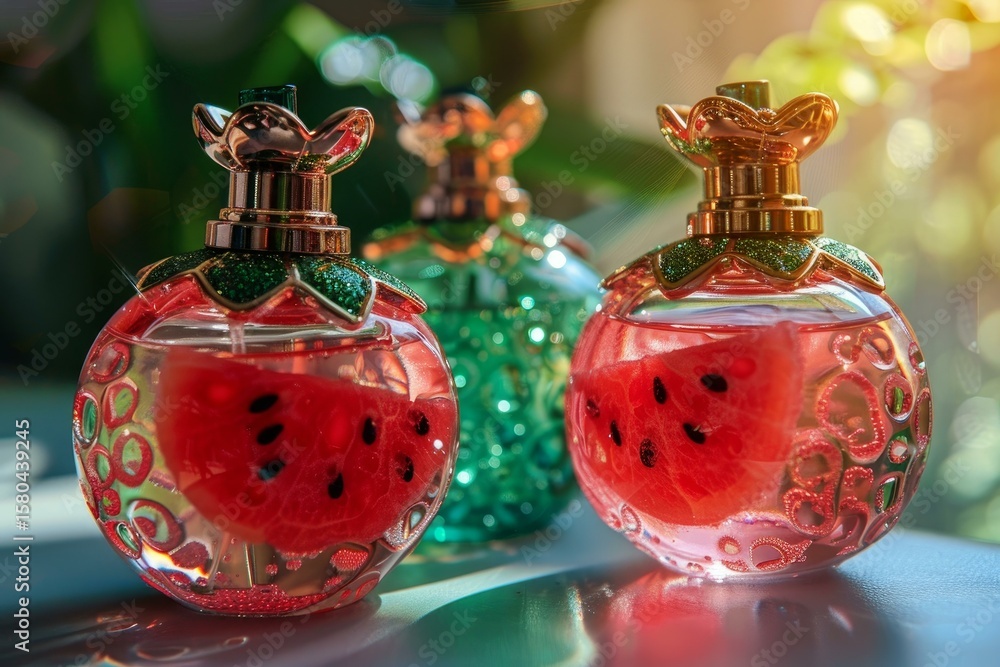 Poster elegant perfume bottles containing a slice of watermelon, creating a refreshing summer fragrance