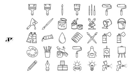 Outline drawing of art tools and painting supplies isolated PNG with Transparent Background