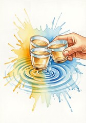 Fototapeta premium Watercolor Illustration of Sake Toast with Color Splash