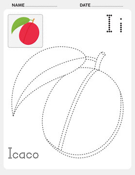 Alphabet Tracing and Fruit Coloring Book for Kids &ndash; A to Z Letter Practice with Matching Icaco Fruits &ndash; Educational Preschool Activity Pages.