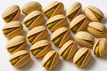 Close-up of pistachio nuts arranged on a white surface