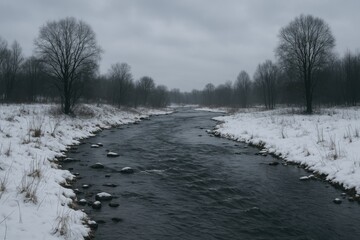 Melancholy winter scene featuring a meandering stream under overcast skies