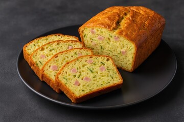 Delicious zucchini snack cake with ham and cheese served on a dark plate against a concrete backdrop