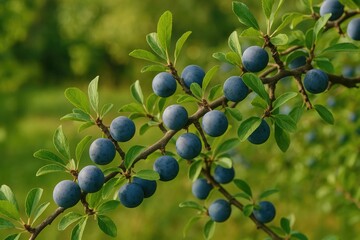 Matured Prunus spinosa berries hanging on garden branches