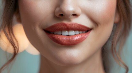 a young woman’s lips and lower face, framed from the nose to the chin. She is smiling gently with closed lips, expressing a serene and content mood