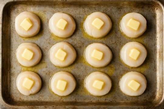 Baked scallops topped with melted butter on a sheet tray