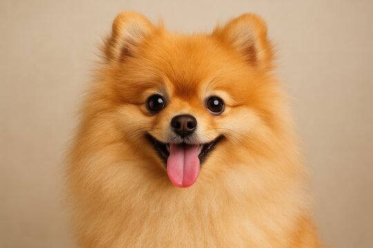 Close-up of a fluffy Pomeranian with its tongue out, showcasing adorable pet features