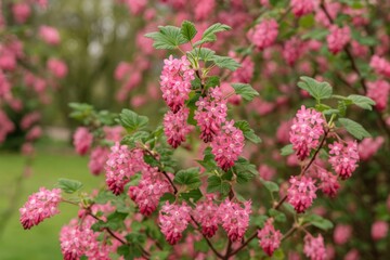 Obraz premium Pink-flowered flowering currant in springtime
