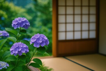 Violet Blossoms in a Traditional Japanese Home