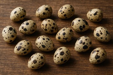 Fototapeta premium Small quail eggs displayed on a rustic wooden surface