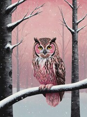 Whimsical Pink Owl in a Snowy Winter Dreamscape