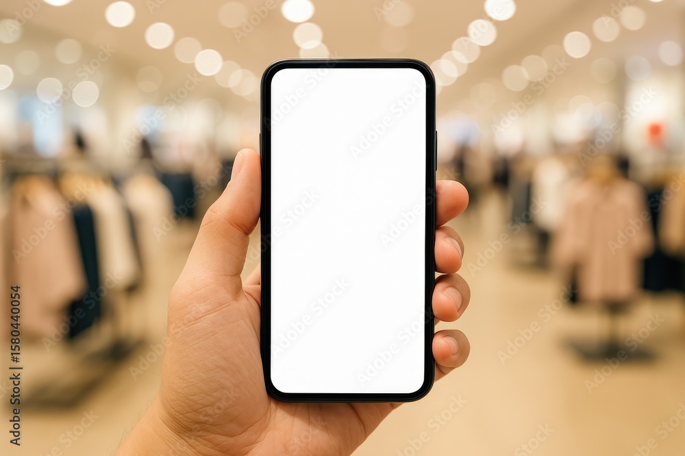 Poster hand holding a mobile device with a blurred retail environment and bokeh lights, emphasizing tech an