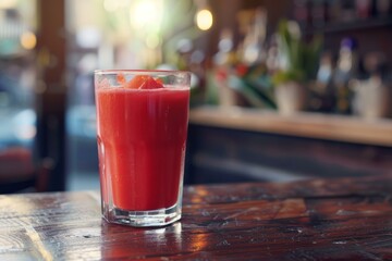Glass of blended watermelon smoothie sits on a wooden bar, ready to be enjoyed