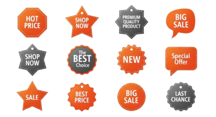 Sale badge collection with text: Hot Price, Shop Now, Premium Quality Product, Big Sale, The Best Choice, New, Special Offer, Best Price, Last Chance isolated PNG with Transparent Background