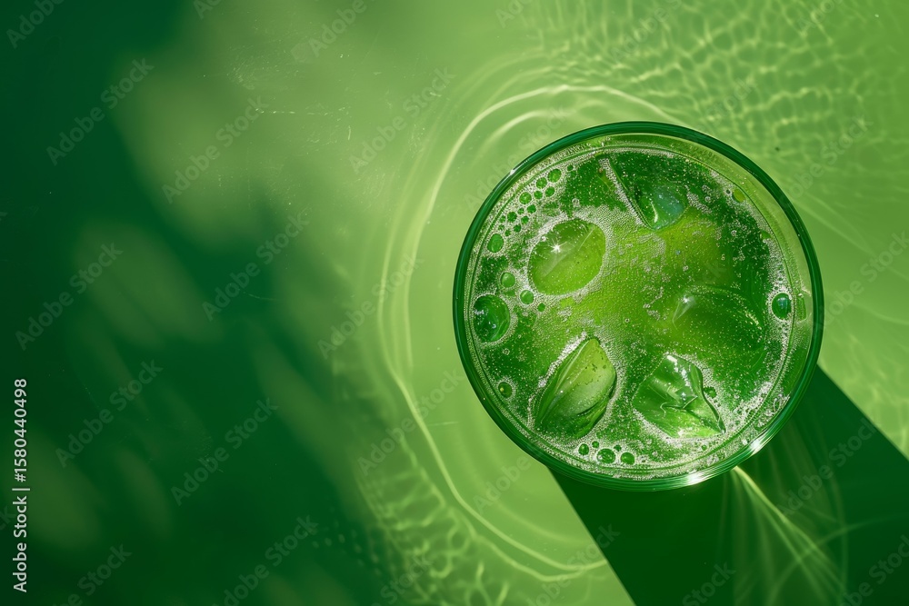 Poster glass of sparkling green soft drink with ice cubes on a vibrant green background, creating a refresh