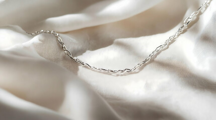 Silver anklet trails along the border of light ivory fabric, with the top-right edge intentionally cleared for branding usage.