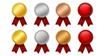 Set of gold, silver, bronze and red medals with ribbons isolated PNG with Transparent Background