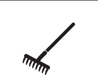 Simplified black silhouette of a garden rake isolated on a clean white background