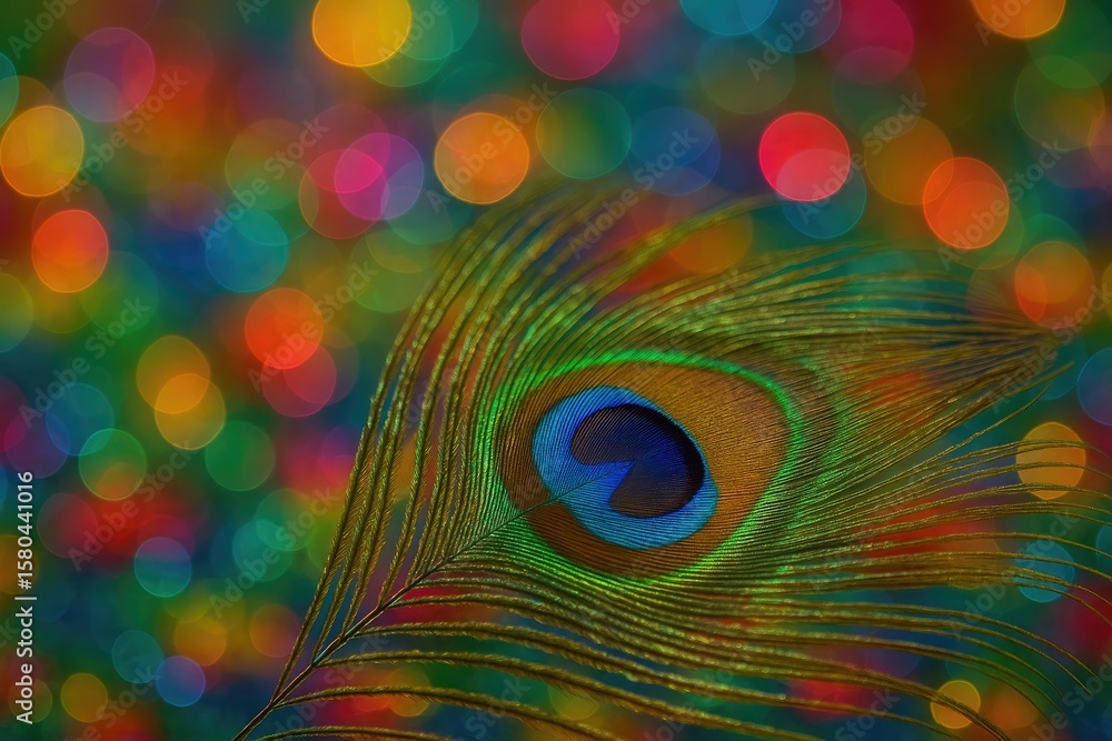 Aufkleber vivid bokeh backdrop highlighting a peacock feather in sharp focus