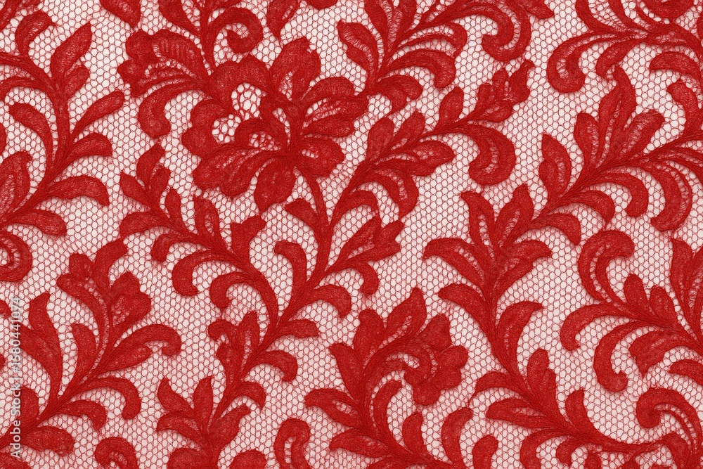 Poster red lace pattern on white background with pearlescent shine for design projects