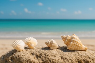Seashells resting on a rocky shoreline