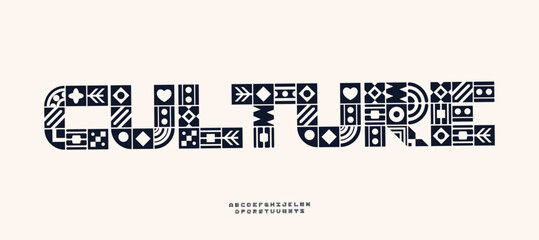 Tribal ethnic decorative font, folk pattern blocks letters. African Boho styles typography for ethnic cultural brand, educational, heritage, diversity or travel-themed content. Vector illustration.