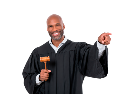 Confident judge holding gavel pointing forward on transparent background, PNG
