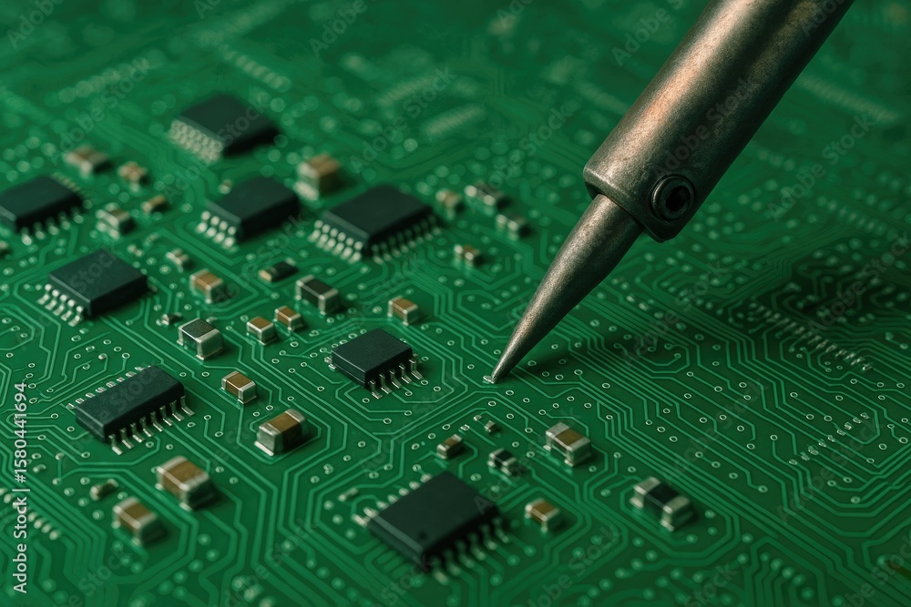 Poster electronic components and circuit board assembly on a tech-themed background