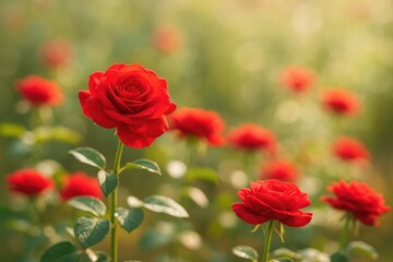 Obraz premium Morning scene of vibrant red roses in a garden with a softly blurred backdrop