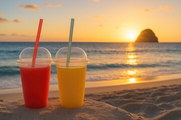 Close-up of two plastic cups filled with tropical fruit juice featuring watermelon and pineapple, with a straw, against the backdrop of a rocky sunset scene on a beach in the West Indies.