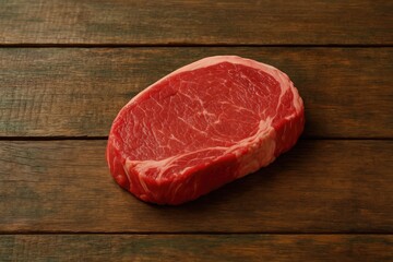 Juicy raw beef cut displayed on a rustic wooden surface